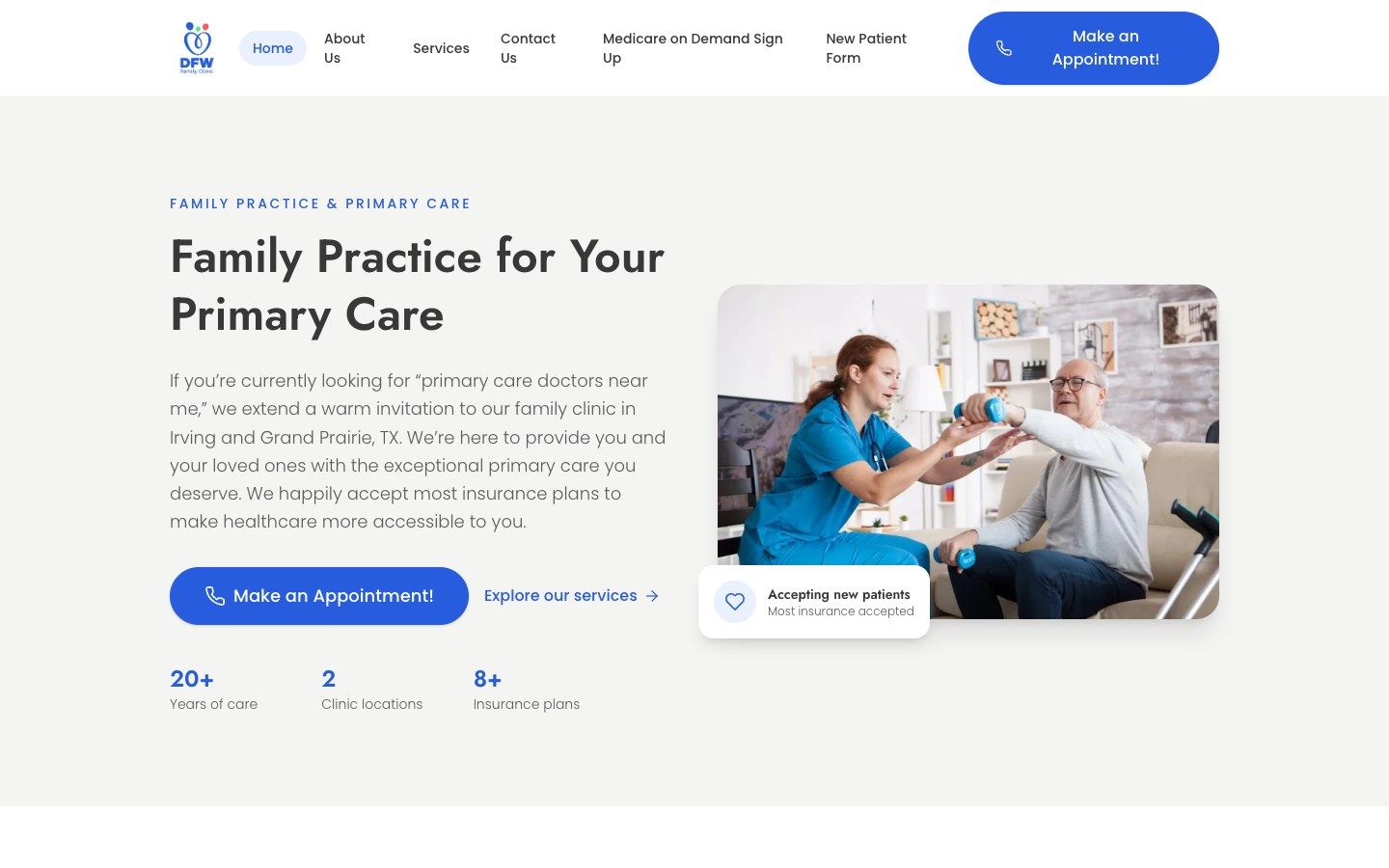 The DFW Family Clinic homepage, rebuilt by Axeom