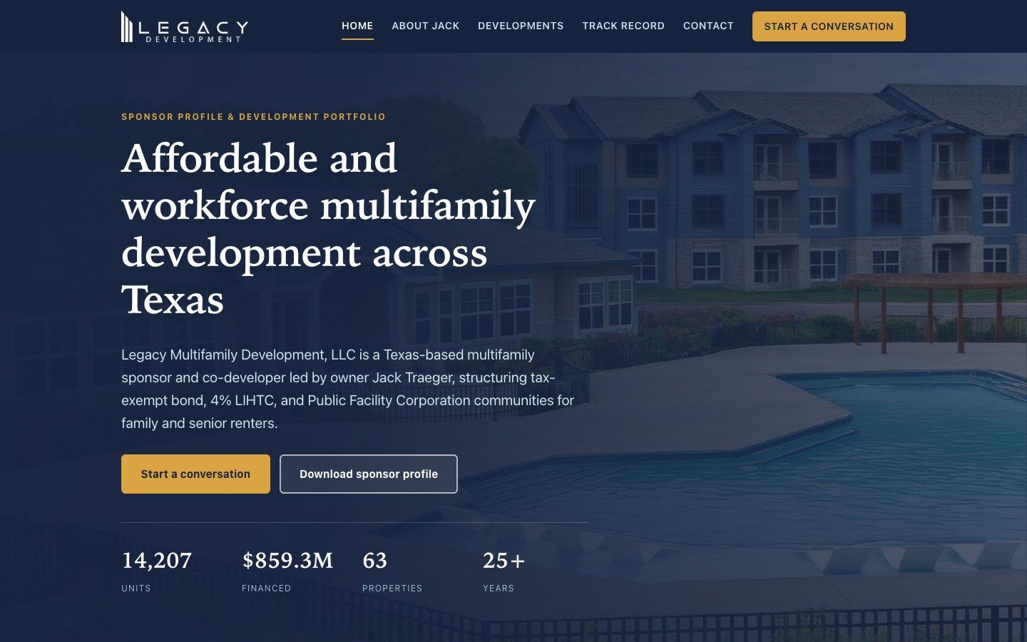 The Legacy Multifamily homepage, built by Axeom